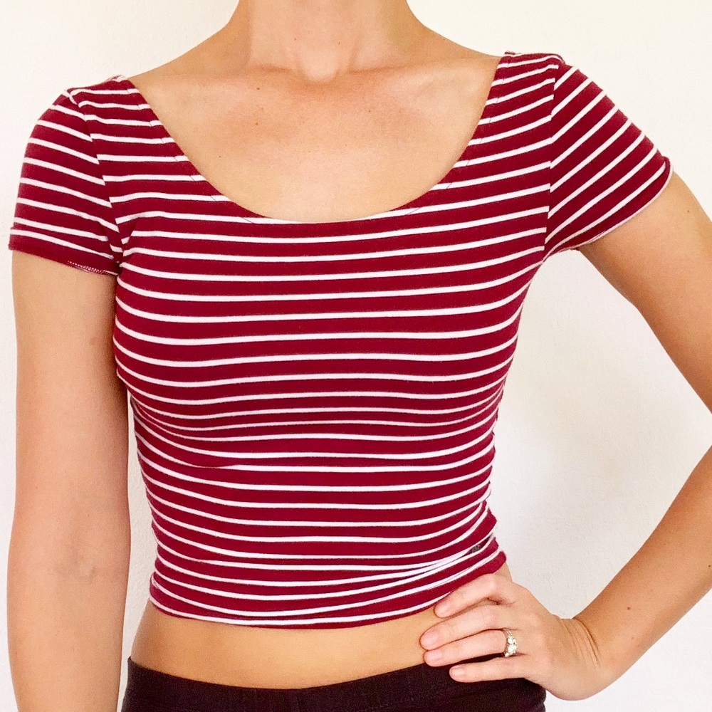 American Eagle red white striped scoop back crop top size XS